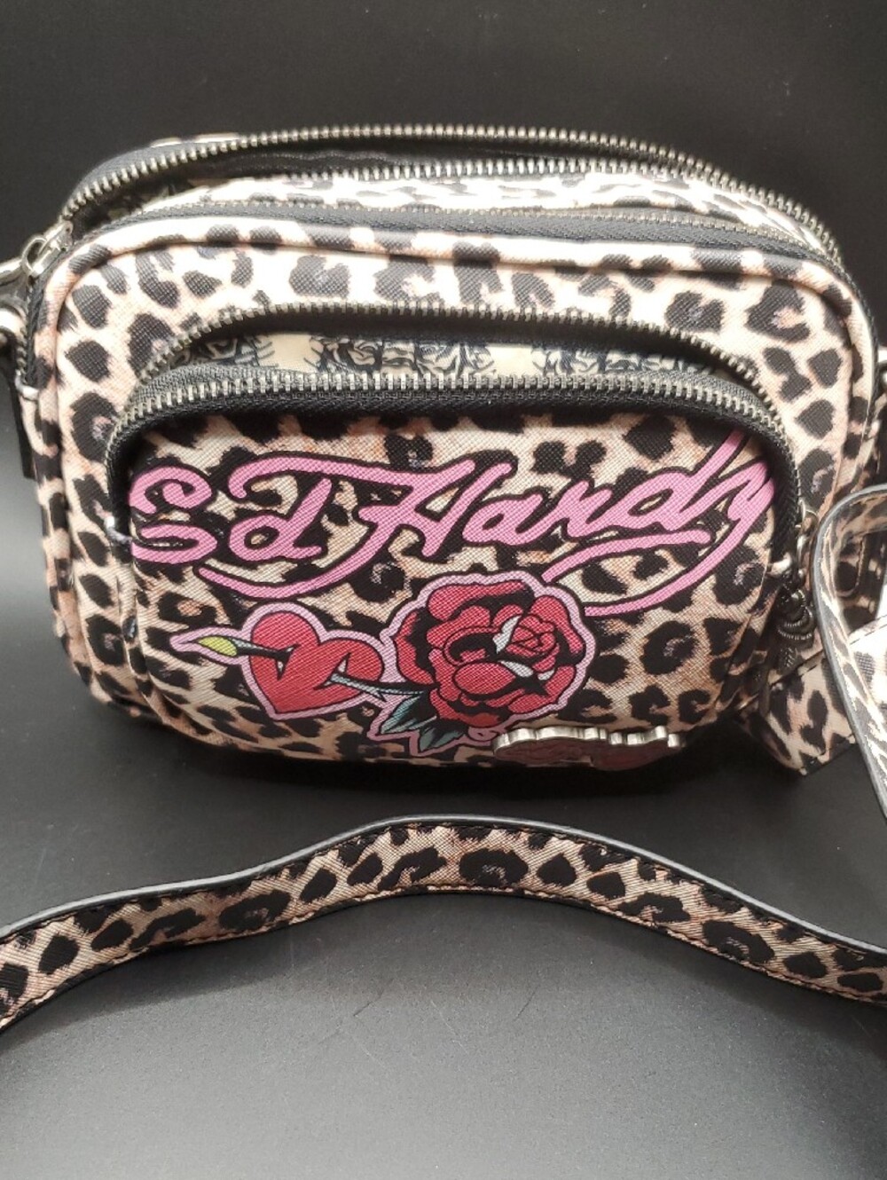 Ed Hardy Leopard Crossbody Bag with Pink Script and Rose - Picture 12 of 12